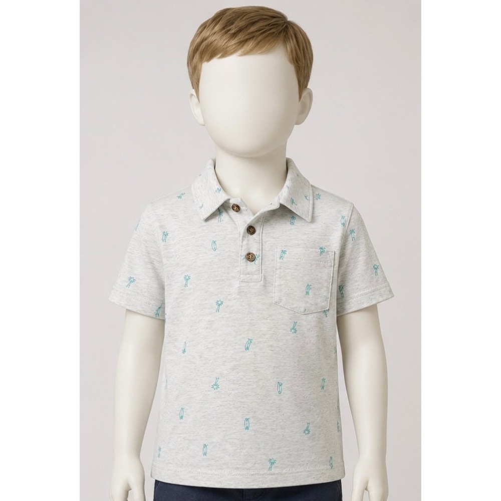 Carters Boys Gray Tropical Palm Tree Surfboard Polo Shirt Size 6 Short Sleeve